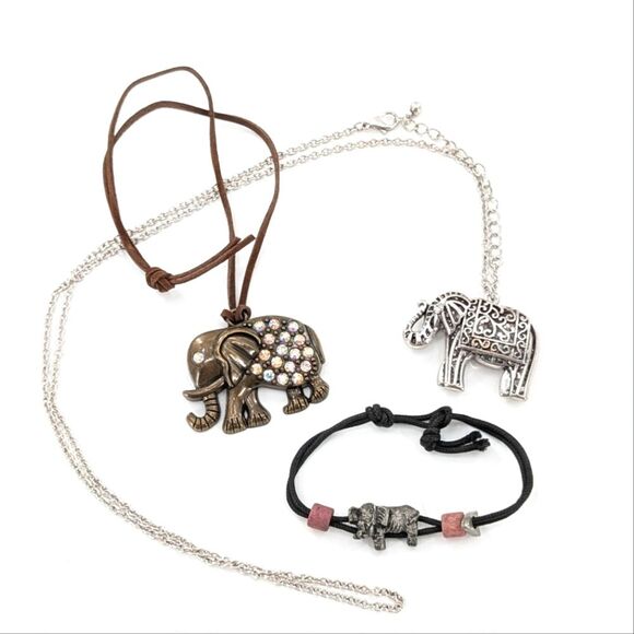 Boho Elephant Jewelry Cord Silver Bronze Rhinestone Necklaces Bracelet Bundle - Picture 1 of 6